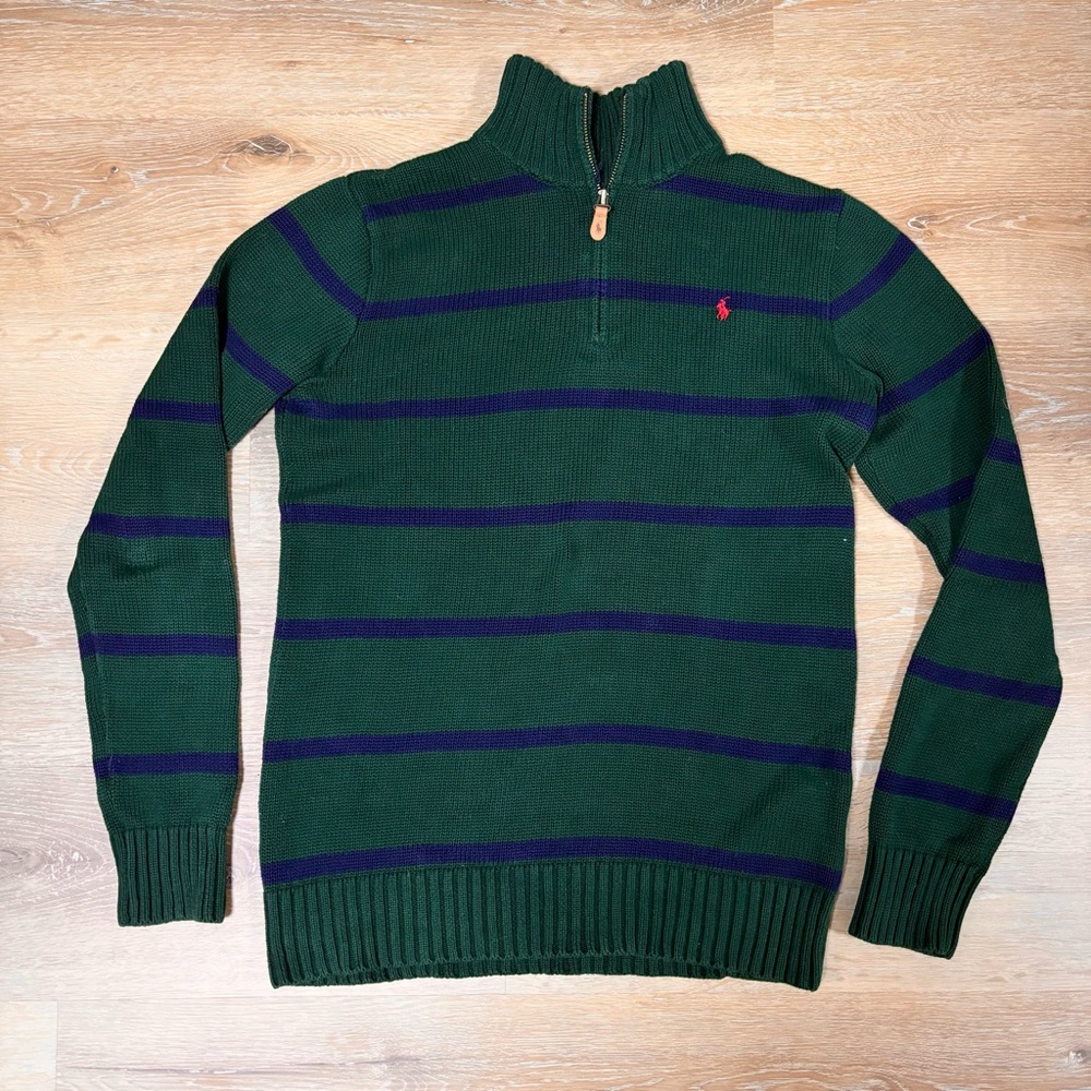 Polo by Ralph Lauren Forest Green Half-Zip Sweater with Navy Stripes